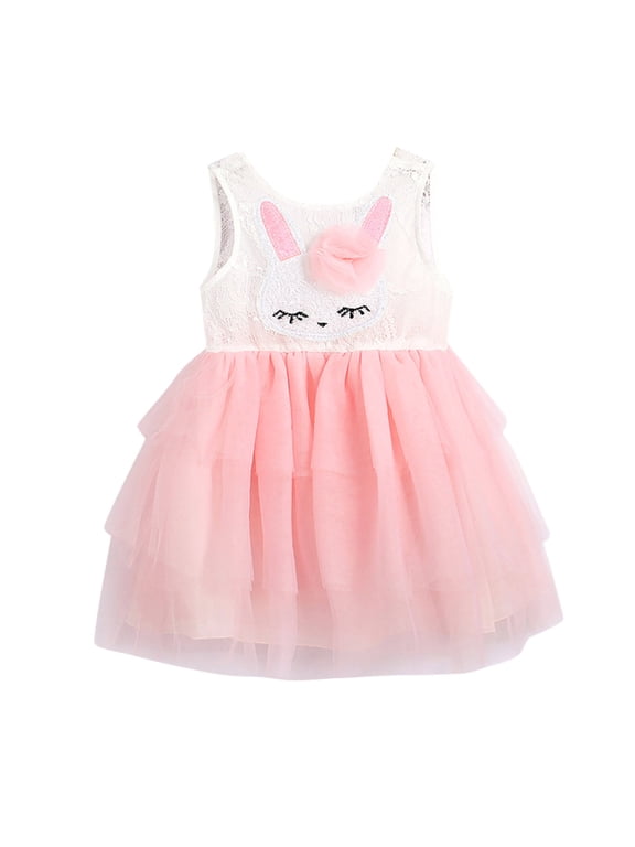 Toddler Girls Easter Dresses Kids Born Baby Sleeveless Mesh Patchwork Cute Cartoon Tulle Princess Dresses for Girls Size 2-3T