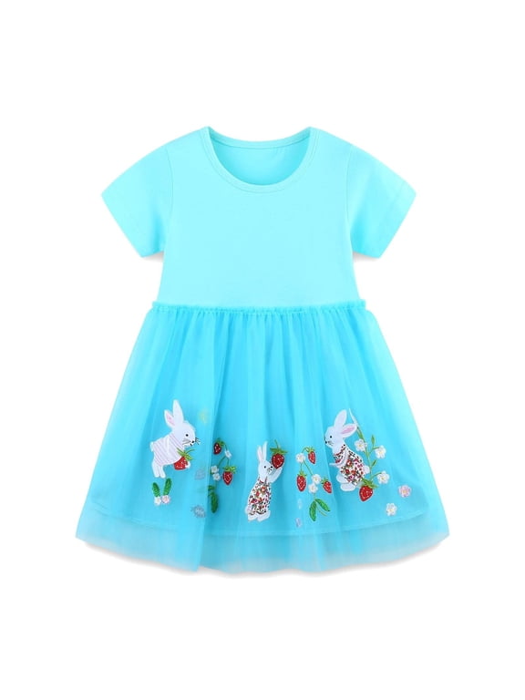 Toddler Girls Easter Dresses Short Sleeve Tulle Bunny Prints Clothes Dresses for Girls Size 3-4T