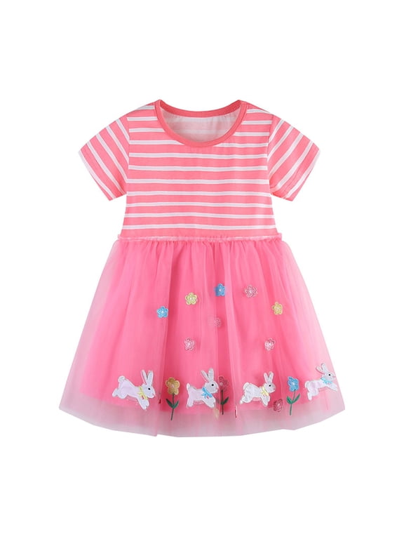 Toddler Girls Easter Dresses Short Sleeve Tulle Bunny Prints Clothes Dresses for Girls Size 5-6T