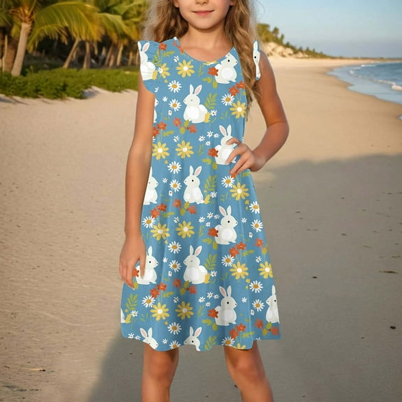 Toddler Girls Easter Midi Dress Summer Ruffle Sleeve Funny Rabbit Graphic A Line Dress Outfit For Kids Multicolor 13-14 Years