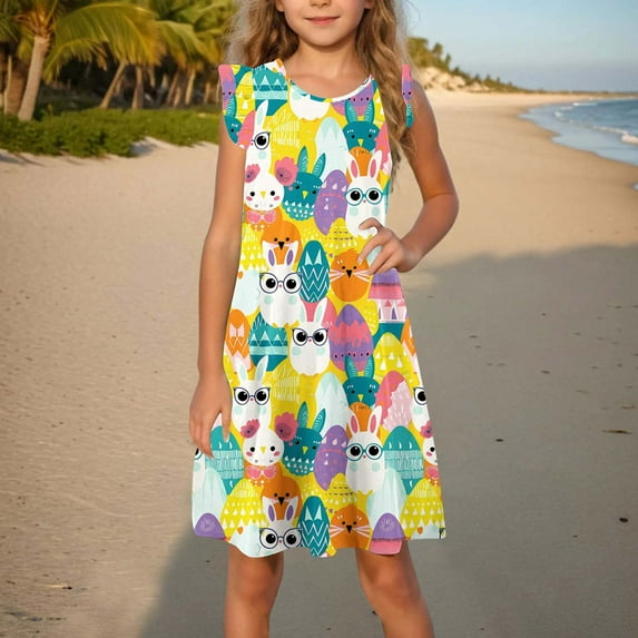 Toddler Girls Easter Midi Dress Summer Ruffle Sleeve Funny Rabbit Graphic A Line Dress Outfit For Kids Multicolor 9-10 Years