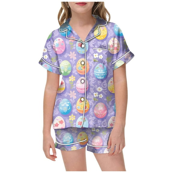 Toddler Girls Easter Pajamas Set Cute Easter Bunny Button Down Short Sleeve Shirt and Shorts Pajamas Set Toddler Girl Pajamas 12-13 Years