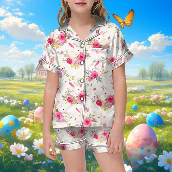 Toddler Girls Easter Pajamas Set Easter Egg Cartoon Printed Button up Short Sleeve Shirt and Shorts Set Easter Clothes 8-9 Years