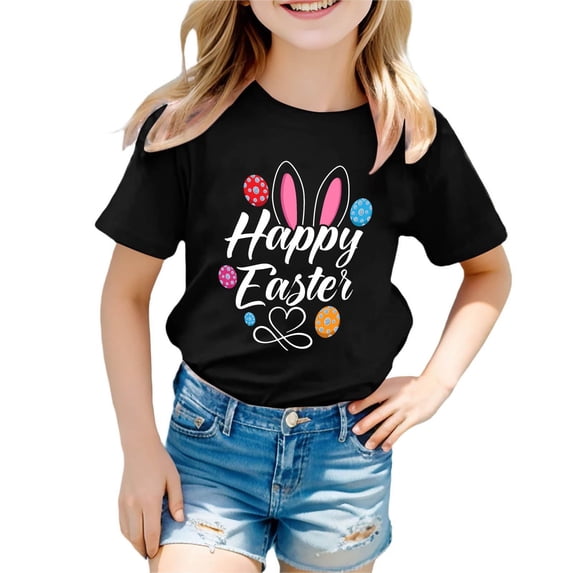 Toddler Girls Easter Shirt Rabbit Print Short Sleeve T-Shirt Comfortable Easter's Day Pullover Tops Girls Summer Tops T-Shirts