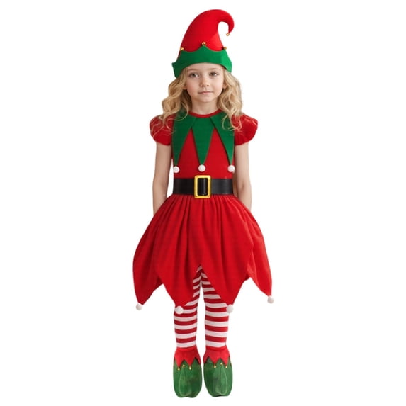 Toddler Girls Elf Outfit Short Sleeve Christmas Elf Dress Girls Hat Set Party Dress Christmas Outfits for Kids 3-4 years
