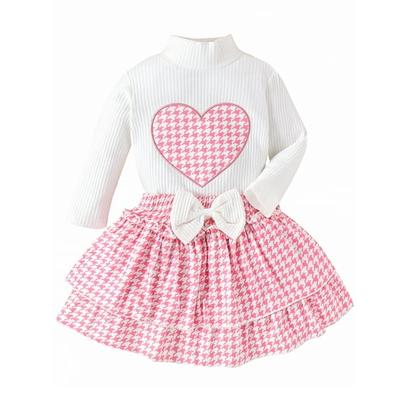 Toddler Girls Fall 2Pcs Outfit Long Sleeve High Neck Tops + Houndstooth Pattern Ruffled A-Line Skirt