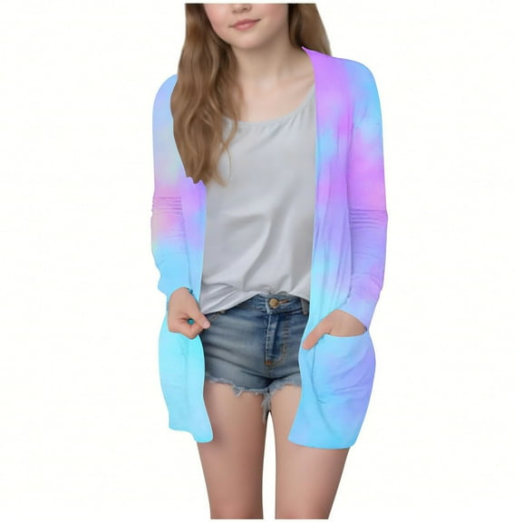 Toddler Girls Fall Cardigan New Girls Open Front Cardigan Fashion Tie Dyed Casual Long Sleeve Jacket Lightweight Fall Outwear with Pockets Blue 140