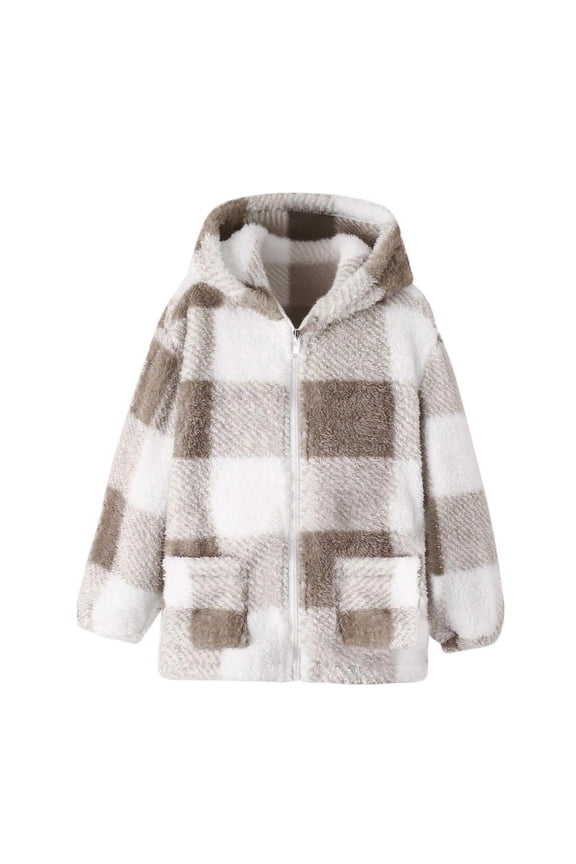 Toddler Girls Fall Jackets New Girls Winter Coats with Cute Ear Warm Hooded Jackets Zip up Cardigan Trendy Plaid Fleece Fuzzy Outerwear Brown 13 Years