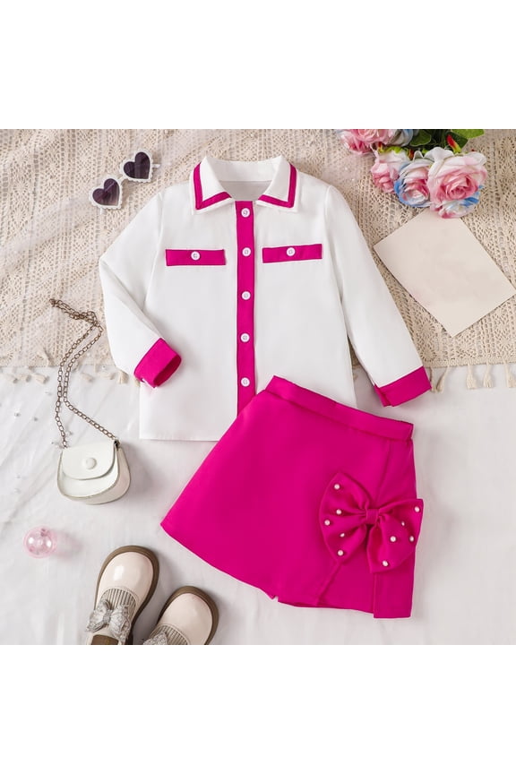 Toddler Girls Fall Outfit Color Collision Long Sleeves Lapel Shirt and Beaded Bow Dress 2Pcs Set Baby Girl Casual Clothes