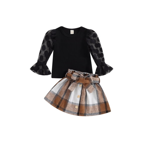 Toddler Girls Fall Outfits Crew Neck Dot Mesh Flare Long Sleeve Tops Elastic Waist Mini Plaid Skirts with Belt Set