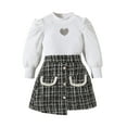 thumbnail image 1 of Toddler Girls Fall Outfits Heart Cutout Crew Neck Long Sleeve Tops and Pearl Button Plaid Skirts Set, 1 of 8