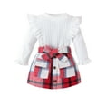 thumbnail image 1 of Toddler Girls Fall Outfits Solid Color Rib Long Sleeve Tops and Plaid Skirts with Belt Set, 1 of 7