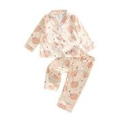 LOLIUICCA Toddler Girls Fall Pajamas 2Pcs Halloween Pumpkin Print Long Sleeve Tops and Pants Kids Satin Sleepwear, 1-7 Years