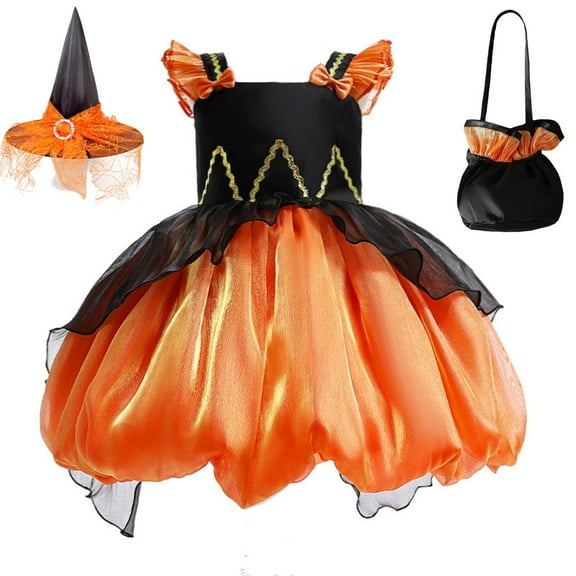 Toddler Girls Fancy Pumpkin Princess Dress Halloween Party Witch Costume