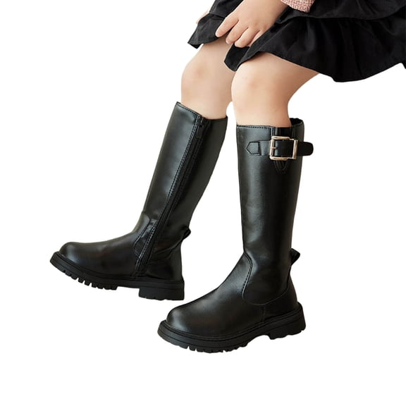Toddler Girls Fashion Buckle Leather Knee High Boots Kids Slip On Wide Calf Long Riding Booties with Side Zipper Black Size 10 Little Child