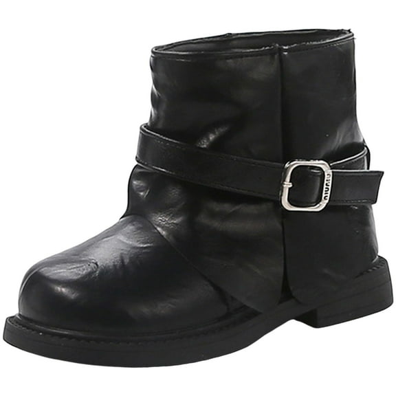 Toddler Girls Fashion Fold Over Ankle Boots Kids Wide Toe Box Mid Calf Leather Dress Booties with Buckle Strap