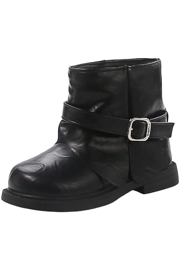 Toddler Girls Fashion Fold Over Ankle Boots Kids Wide Toe Box Mid Calf Leather Dress Booties with Buckle Strap