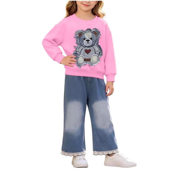 Toddler Girls Fashion Outfits Set Cute Casual Embroidered Long Sleeve Sweatshirt and Jeans Kids Fall Winter Clothes Hot Pink 12 M