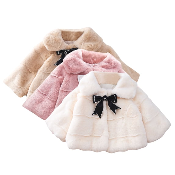 Toddler Girls Faux Fur Winter Coat Long Sleeve Patchwork Solid Fleece Bowknot Winter Coats Party 3-4 Years Windproof Lightweight Warm Outerwear