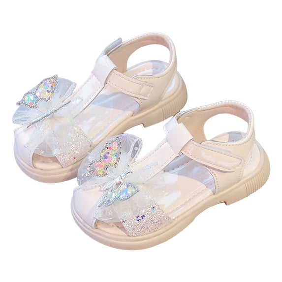 Toddler Girls Fisherman Sandals Butterfly Rhinestone T-Strap Closed Toe Flat Shoes Lightweight Adjustable Beach Shoes Beige 13.5 Little Kid