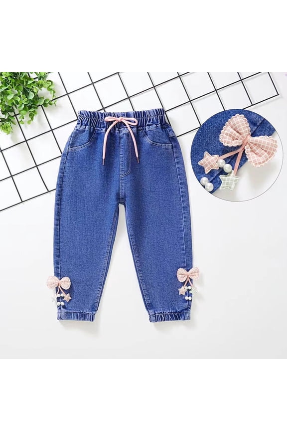 Toddler Girls Flare Denim Jeans Elastic Waist Bow Knot Fringe Hem Bell Bottom Pants for Holiday Cute Party Bottoms, 6M-6Y