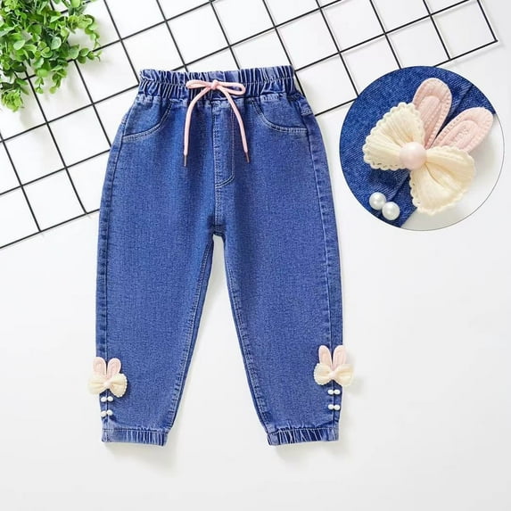 Toddler Girls Flare Denim Jeans Elastic Waist Bow Knot Fringe Hem Bell Bottom Pants for Holiday Cute Party Bottoms, 6M-6Y