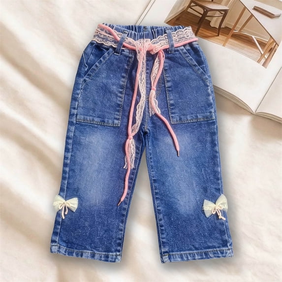 Toddler Girls Flare Denim Pants Elastic Waist Lace Drawstring Rabbit Carrot Patchwork Jeans for Playroom Casual Outfits, 2T-8Y