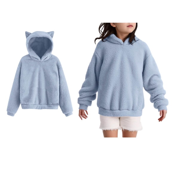 Toddler Girls Hoodie Long Sleeve Blue Sweatshirt Kids Warm Loose Fuzzy Top Pullover with Pockets Girls 3-4 Years Clothes