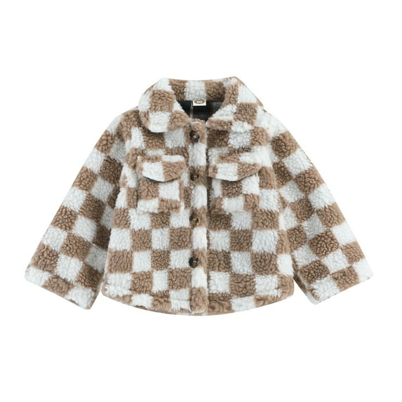 Toddler Girls Fleece Jacket 6M 12M 18M 24M 3Y 4Y Children Plaid Turn-Down Collar Long Sleeve Button-Down Sherpa Coat Winter Warm Kids Outerwear