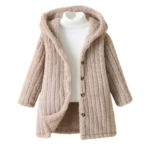 Toddler Girls Fleece Jackets Button Down Mid Length Winter Warm Hooded Coats Fashion Casual Solid Color Soft Thick Outwear