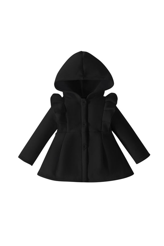Toddler Girls Fleece Jackets with Hood, Baby Long Sleeve Hooded Jackets, Kids Ruffle Sleeves Button Anorak Winter Coats Outerwear Black 9Months