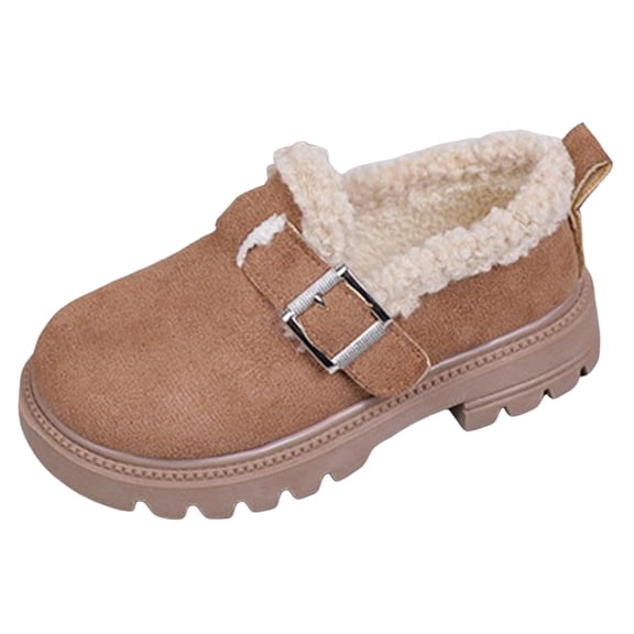 Toddler Girls Fleece Lined Loafers Winter Warm Plush Platform Dress Shoes with Buckle Strap Non Slip Mary Jane Shoes Brown Size 2.5 Big Kids