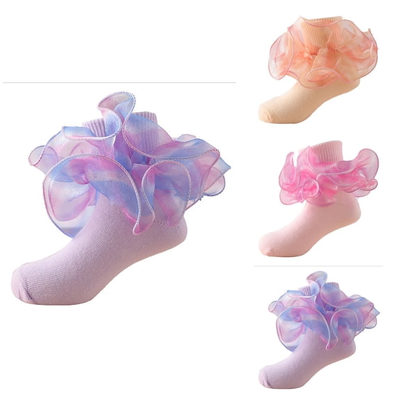 Toddler Girls Floor Socks with Ruffle and Lace Trim, Frilly Double Lace Princess Crew Socks, Soft Comfy Ankle Socks with Turn for Casual Wear