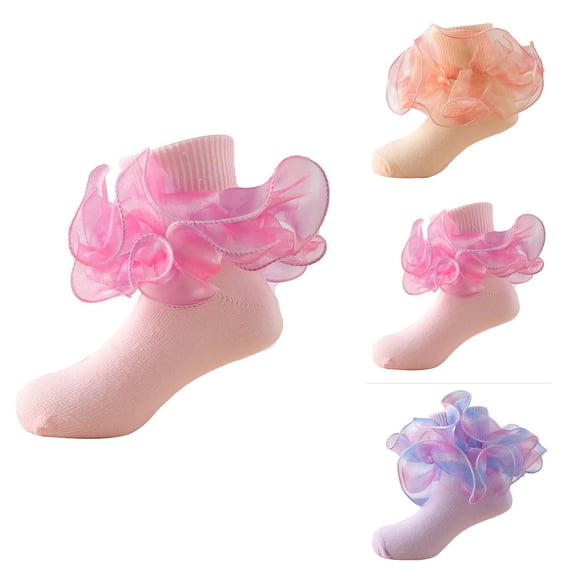 Toddler Girls Floor Socks with Ruffle and Lace Trim, Frilly Double Lace Princess Crew Socks, Soft Comfy Ankle Socks with Turn for Casual Wear