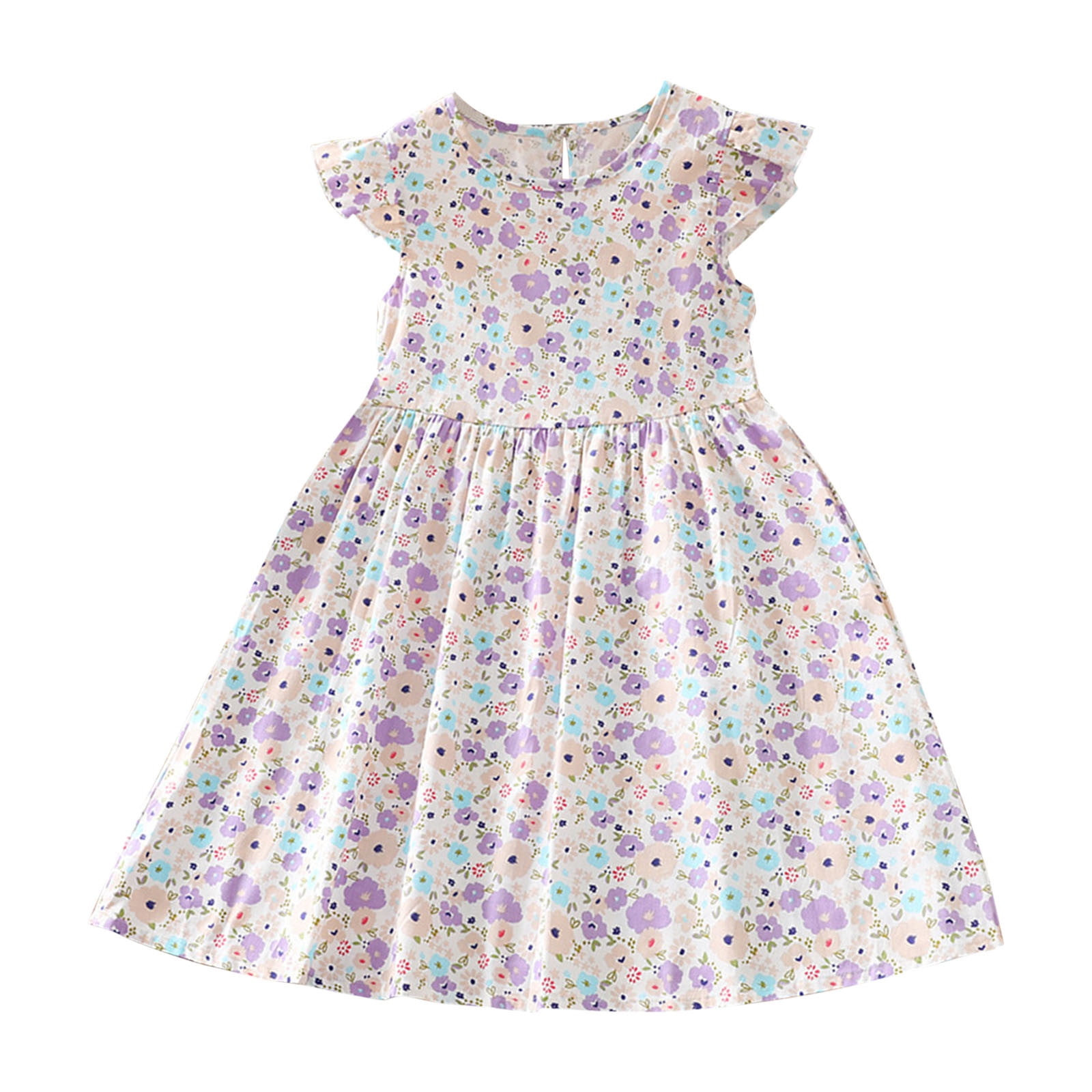 Toddler Girls Floral Dress Ruffle Fly-sleeves Summer Casual Cute Dress 3 4 5 6 7 8 9 10 Years Old Girl Outfit (6 Years, Purple)