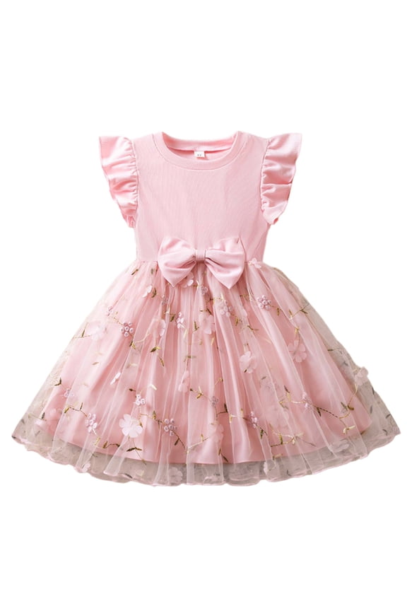 Toddler Girls Floral Embroidered Dress With Bow Detail Flutter Sleeves Party