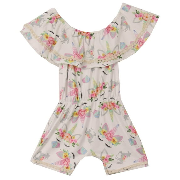 Toddler Girls Floral Unicorn Off Shoulder Birthday Party Romper Clothing Silver 2T XS (R301-02)