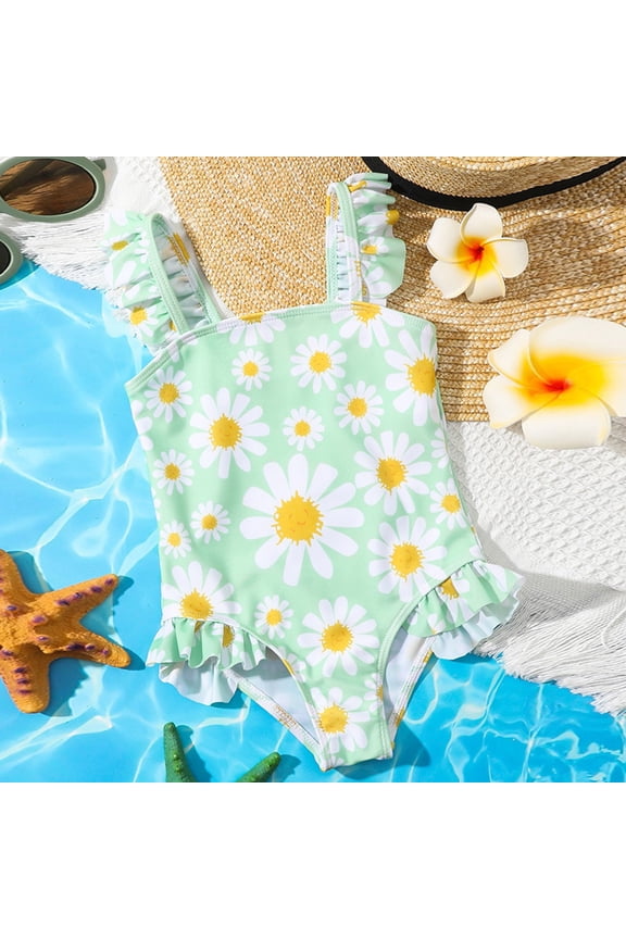 Toddler Girls Flower Pattern Printed One Piece Swimsuit Cute Cartoon Ruffle Trim Summer Bathing Suit Swimwear Mint Green