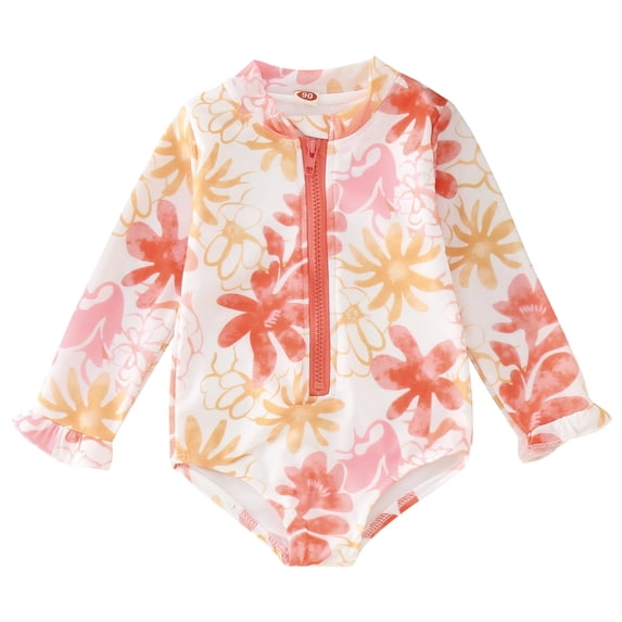 Toddler Girls Flower Printed One Piece Swimsuit Front Zipper Long Sleeve Rash Guard Swimwear Kids Floral Bathing Suit Sun Protection Beachwear Outfits 2-7Y