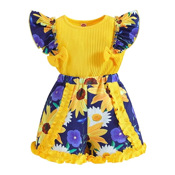Toddler Girls Fly Sleeve Casual Vest Tops And Floral Prints Shorts 2Pcs Outfits Kids Girl Summer Beach Clothes