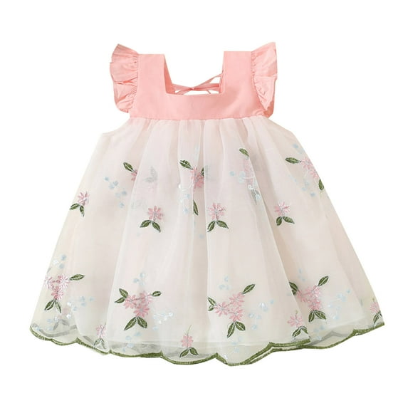 Toddler Girls Fly Sleeve Floral Embroidery Tulle Ruffles Princess Dress Dance Party Dresses Clothes For 12-18 Months