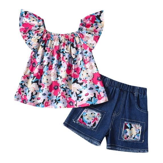 Toddler Girls Fly Sleeve Floral Prints Tops And Jeans Shorts Two Piece Casual Suit Outfits Size 3-4T