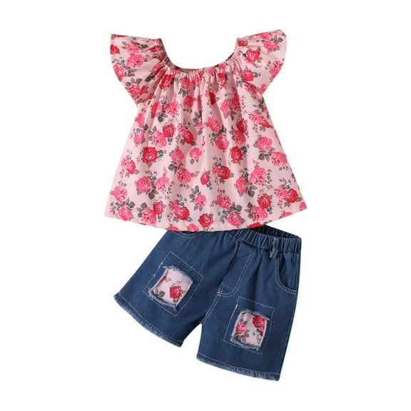 Toddler Girls Fly Sleeve Floral Prints Tops And Jeans Shorts Two Piece Casual Suit Outfits Size 6-12 Months