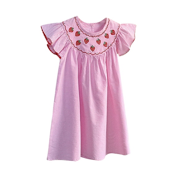 Toddler Girls Fly Sleeve Strawberry Embroidery Dresses Kids Clothes Size 2-3T