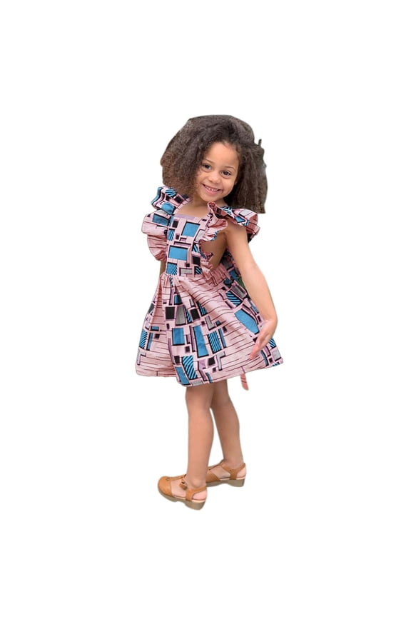 Toddler Girls Fly Sleeve Traditional Style Suspenders Ankara Dress Clothes
