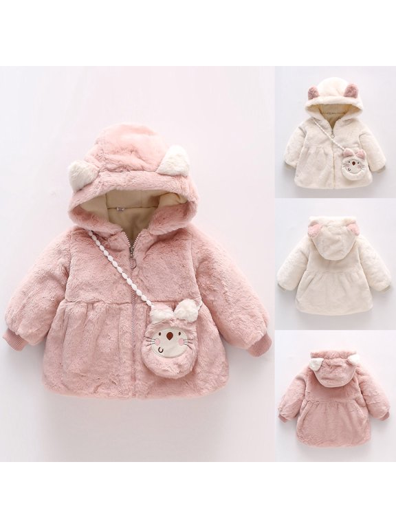 Toddler Girls Fuzzy Fleece Jacket Hooded Animal Ear Purse Zip Up Outerwear 6-12 Months Spring Fall Winter Jackets