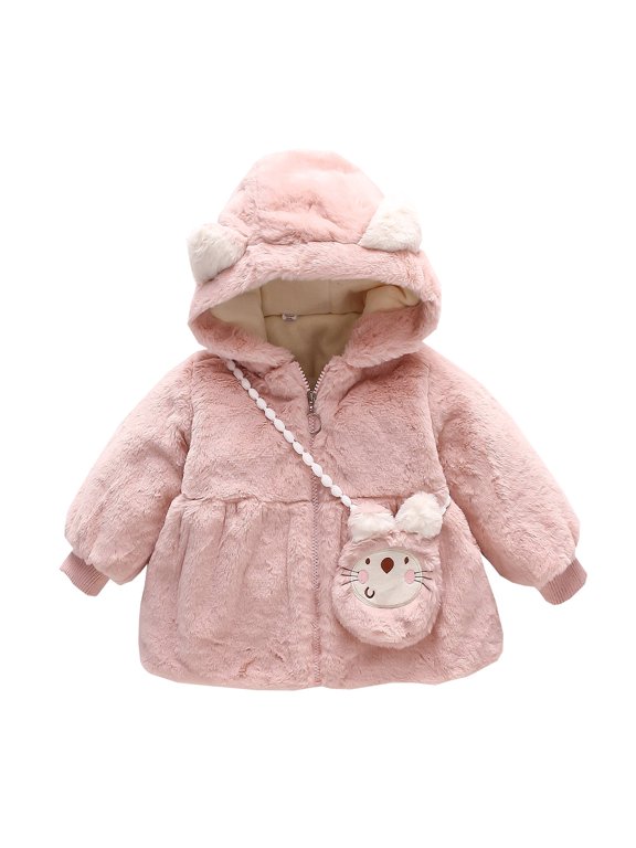 Toddler Girls Fuzzy Fleece Jacket Hooded Animal Ear Purse Zip Up Winter Outerwear 6-12 Months