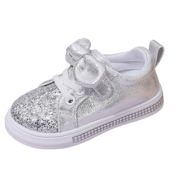 Toddler Girls Giltter Sequins Casual Shoes Cute Bowknot Flat Skate Shoes Kids Comfortable Slip On Sneakers Silver Size 5 Toddler