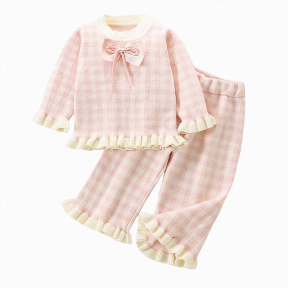Toddler Girls Gingham Check Ruffle Trim Pajama Set,Long Sleeve Bow Detail Loungewear 4-5 Years