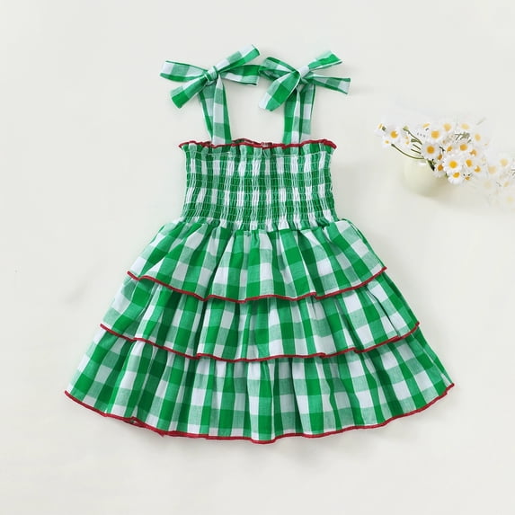 Toddler Girls Gingham Check Tiered Sundress, Spaghetti Strap Bow Detail Smocked Waist Ruffle Dress Comfortable Summer Casual Wear Green 18-24 Months